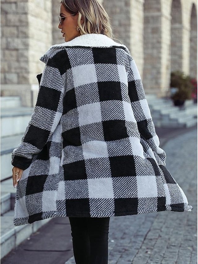 Street Style Loose Stripes Plaid Fur Collar Long Sleeve Long Coat - Image 2