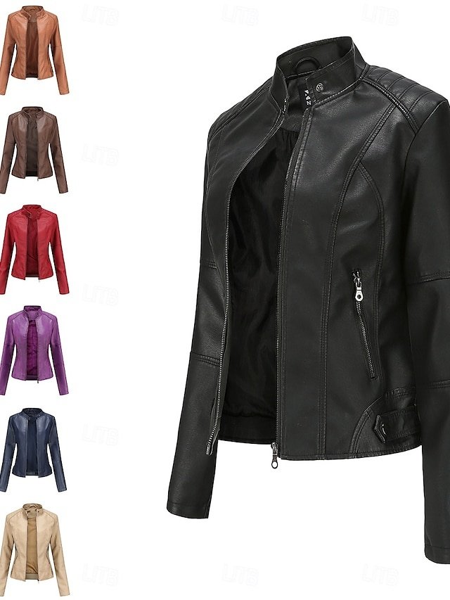 Street Style Regular Fit Plain Stand Collar Long Sleeve Faux Leather Jacket - Image 1