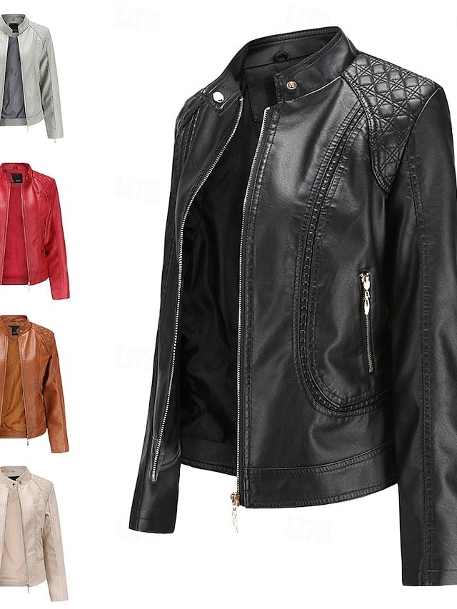 Street Style Regular Fit Plain Stand Collar Long Sleeve Faux Leather Jacket - Image 1
