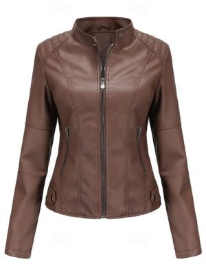 Street Style Regular Fit Plain Stand Collar Long Sleeve Faux Leather Jacket - Image 32