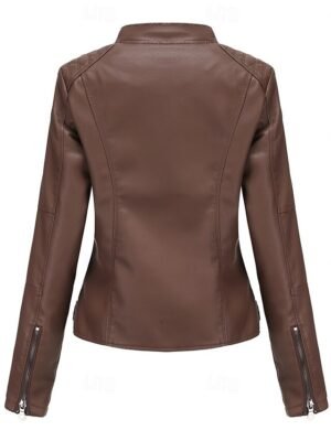 Street Style Regular Fit Plain Stand Collar Long Sleeve Faux Leather Jacket - Image 33