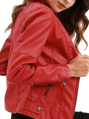 Street Style Regular Fit Plain Stand Collar Long Sleeve Faux Leather Jacket - Image 8