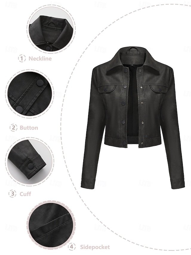 Street Style Regular Fit Plain Turndown Long Sleeve Short Faux Leather Jacket - Image 2