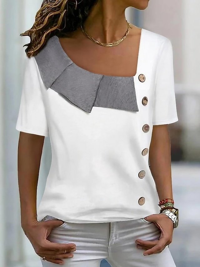 Streetwear Casual Colour Block V Neck Short Sleeve Regular Blouse - Image 1