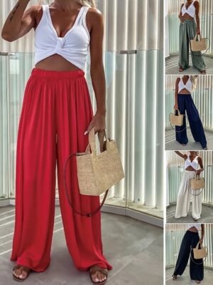 Streetwear Casual High Waist Plain Elastic Drawstring Long Wide Leg Trousers - Image 1