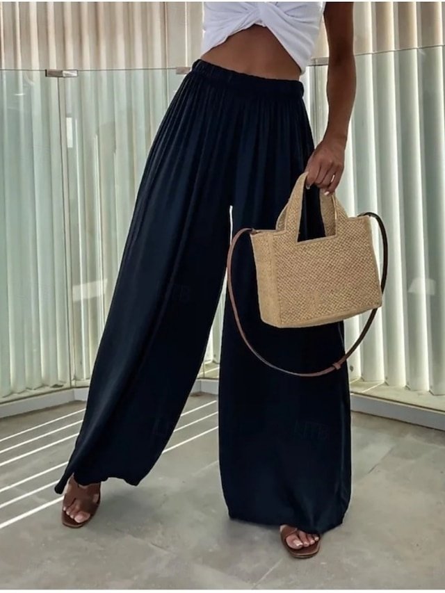 Streetwear Casual High Waist Plain Elastic Drawstring Long Wide Leg Trousers - Image 2