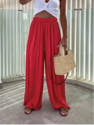 Streetwear Casual High Waist Plain Elastic Drawstring Long Wide Leg Trousers - Image 3