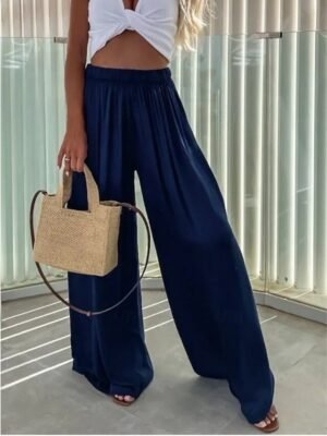 Streetwear Casual High Waist Plain Elastic Drawstring Long Wide Leg Trousers - Image 4