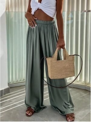 Streetwear Casual High Waist Plain Elastic Drawstring Long Wide Leg Trousers - Image 5