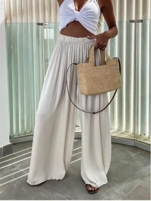 Streetwear Casual High Waist Plain Elastic Drawstring Long Wide Leg Trousers - Image 6