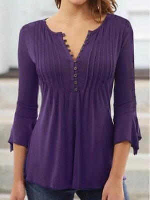 Streetwear Casual Pleated Shirt Collar 3/4 Sleeve Regular Top - Image 3