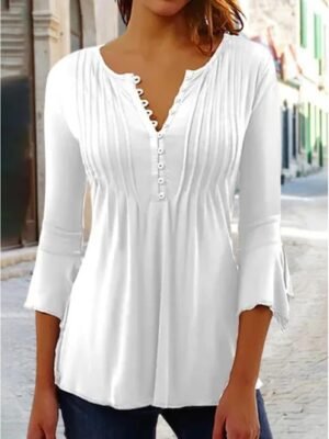 Streetwear Casual Pleated Shirt Collar 3/4 Sleeve Regular Top - Image 6