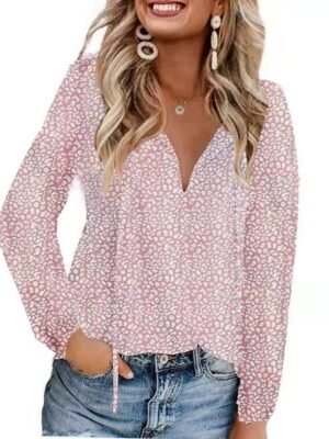 Streetwear Casual Regular Leopard Polka Dot V Neck Long Sleeve Blouse - Image 1