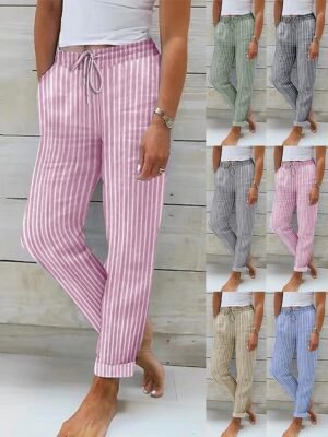 Streetwear Casual Stripe High Waist Long Trousers - Image 1