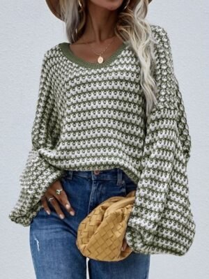 Streetwear Casual Striped Deep V Puff Long Sleeve Top - Image 7