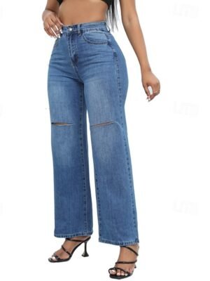 Streetwear Loose Fit Solid High Waist Full Length Jeans - Image 1