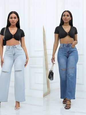 Streetwear Loose Fit Solid High Waist Full Length Jeans - Image 4