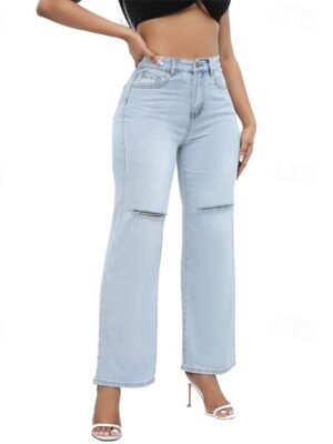 Streetwear Loose Fit Solid High Waist Full Length Jeans - Image 5