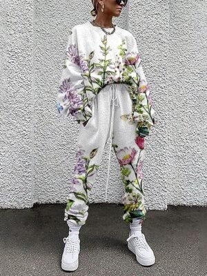 Streetwear Loose Floral Crew Neck Long Sleeve Tracksuit Set - Image 1