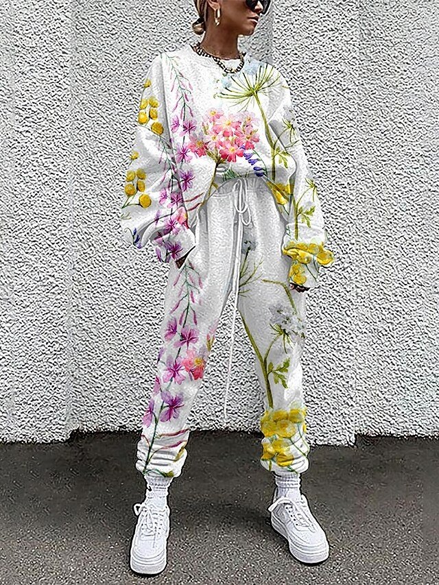 Streetwear Loose Floral Crew Neck Long Sleeve Tracksuit Set - Image 2