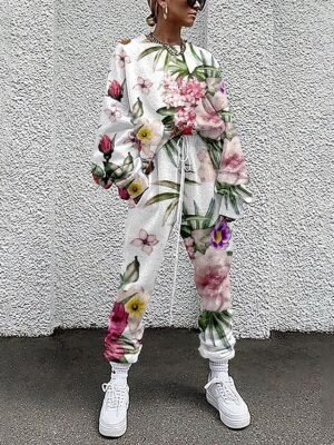 Streetwear Loose Floral Crew Neck Long Sleeve Tracksuit Set - Image 5