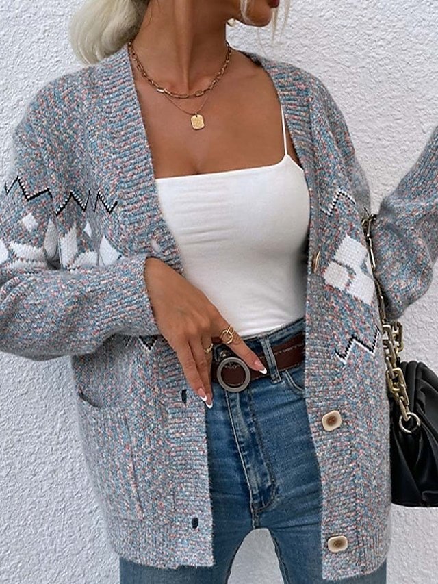 Streetwear Loose Snowflake Open Front Long Sleeve Cardigan - Image 1