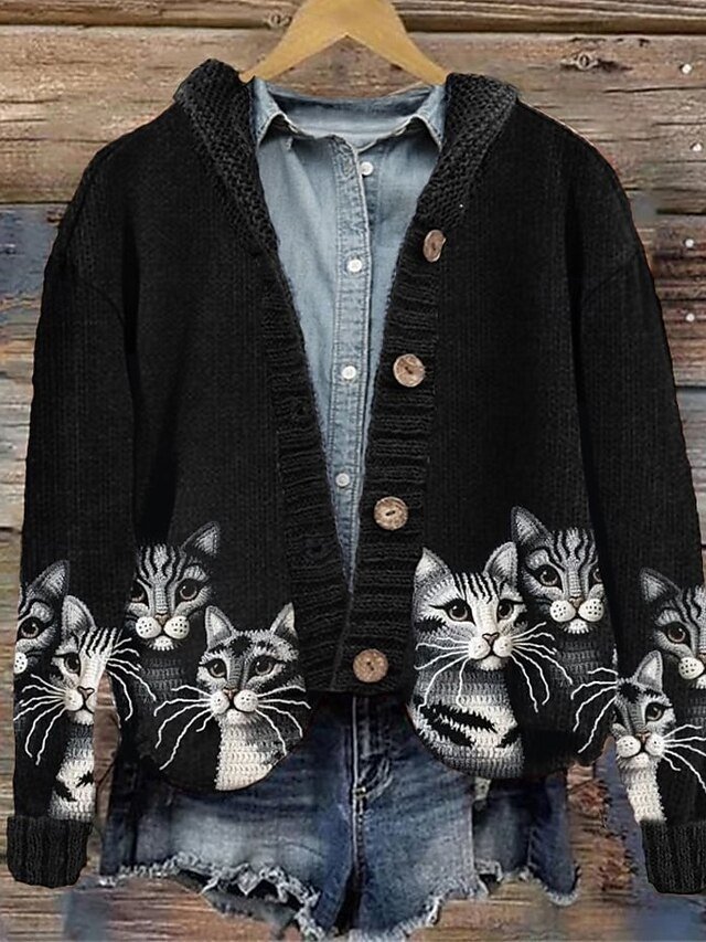 Streetwear Regular Animal Ribbed Open Front Long Sleeve Cardigan - Image 1