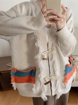 Streetwear Regular Color Block V Neck Long Sleeve Long Sweater Cardigan - Image 1