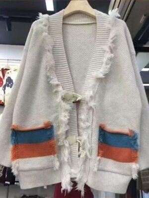 Streetwear Regular Color Block V Neck Long Sleeve Long Sweater Cardigan - Image 2