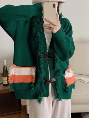 Streetwear Regular Color Block V Neck Long Sleeve Long Sweater Cardigan - Image 3