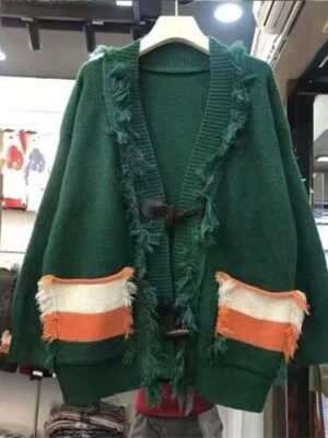 Streetwear Regular Color Block V Neck Long Sleeve Long Sweater Cardigan - Image 4