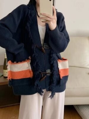 Streetwear Regular Color Block V Neck Long Sleeve Long Sweater Cardigan - Image 5