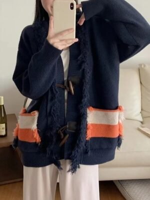 Streetwear Regular Color Block V Neck Long Sleeve Long Sweater Cardigan - Image 6