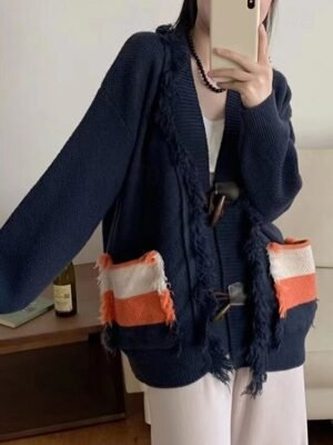 Streetwear Regular Color Block V Neck Long Sleeve Long Sweater Cardigan - Image 7