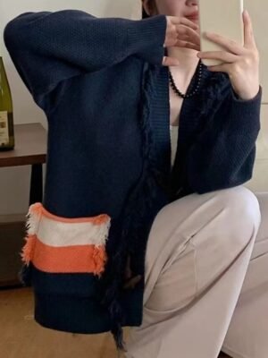 Streetwear Regular Color Block V Neck Long Sleeve Long Sweater Cardigan - Image 8