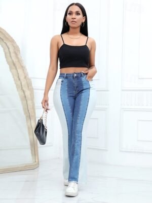 Streetwear Regular Fit Colour Block High Waist Full Length Jeans - Image 3