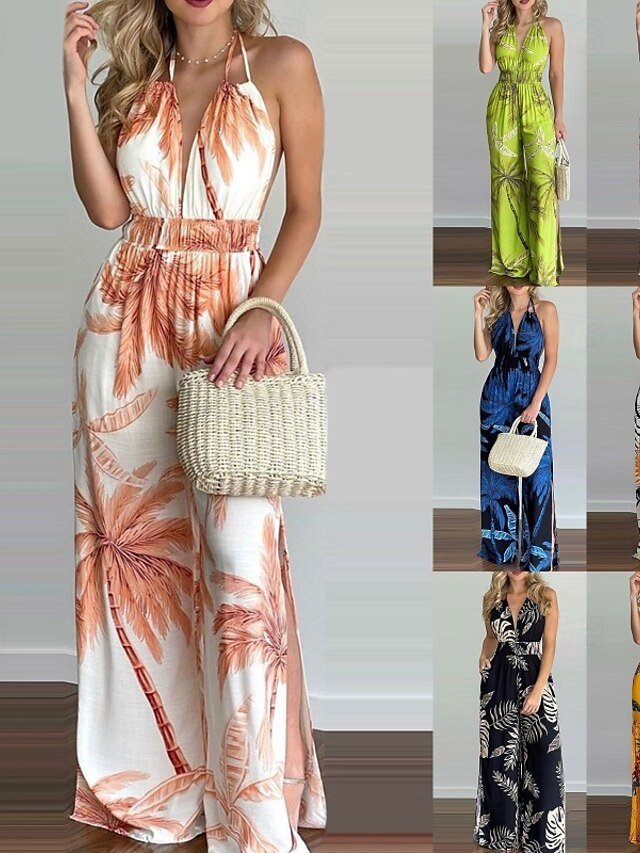Streetwear Regular Fit Floral Halter Neck Sleeveless Split Jumpsuit - Image 1