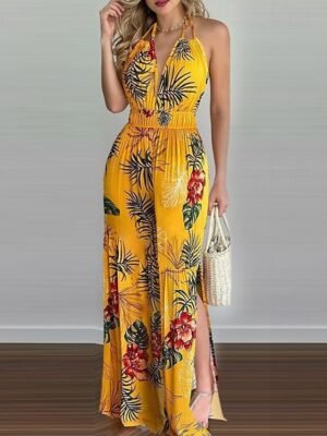 Streetwear Regular Fit Floral Halter Neck Sleeveless Split Jumpsuit - Image 10