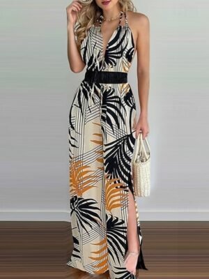 Streetwear Regular Fit Floral Halter Neck Sleeveless Split Jumpsuit - Image 2