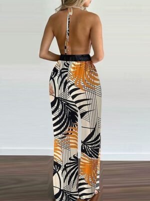 Streetwear Regular Fit Floral Halter Neck Sleeveless Split Jumpsuit - Image 3