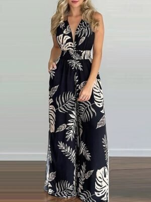 Streetwear Regular Fit Floral Halter Neck Sleeveless Split Jumpsuit - Image 4