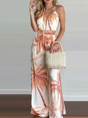 Streetwear Regular Fit Floral Halter Neck Sleeveless Split Jumpsuit - Image 5