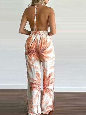 Streetwear Regular Fit Floral Halter Neck Sleeveless Split Jumpsuit - Image 6