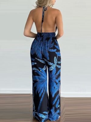 Streetwear Regular Fit Floral Halter Neck Sleeveless Split Jumpsuit - Image 8