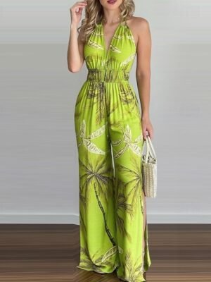 Streetwear Regular Fit Floral Halter Neck Sleeveless Split Jumpsuit - Image 9