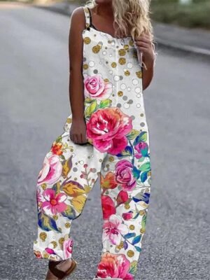 Streetwear Regular Fit Floral Square Neck Sleeveless Summer Overall - Image 1