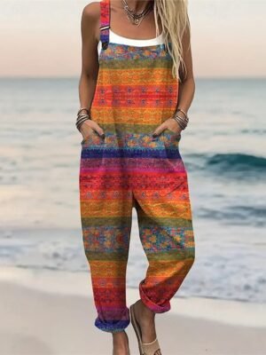 Streetwear Regular Fit Floral U Neck Short Sleeve Wide Leg Jumpsuit - Image 1