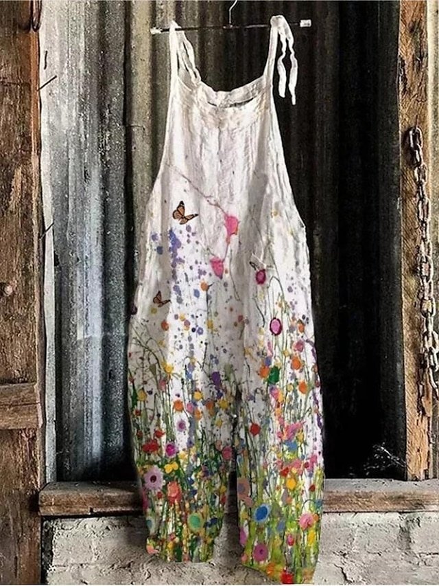 Streetwear Regular Fit Floral U Neck Sleeveless Pocket Dungarees Jumpsuit - Image 1