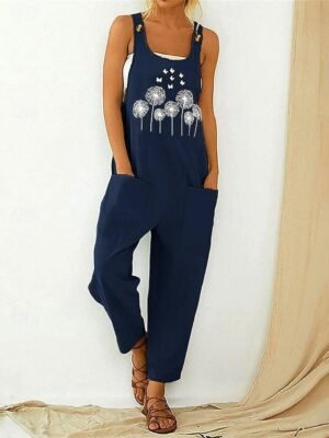 Streetwear Regular Fit Floral U Neck Sleeveless Pocket Overall - Image 2