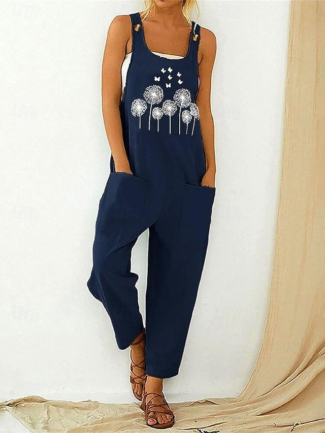 Streetwear Regular Fit Floral U Neck Sleeveless Pocket Overall - Image 2